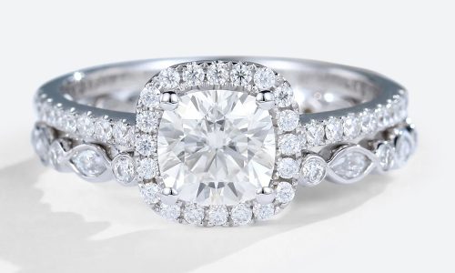 14K White Gold Cushion Cut Lab Grown Diamond Halo Engagement Ring Set (1)