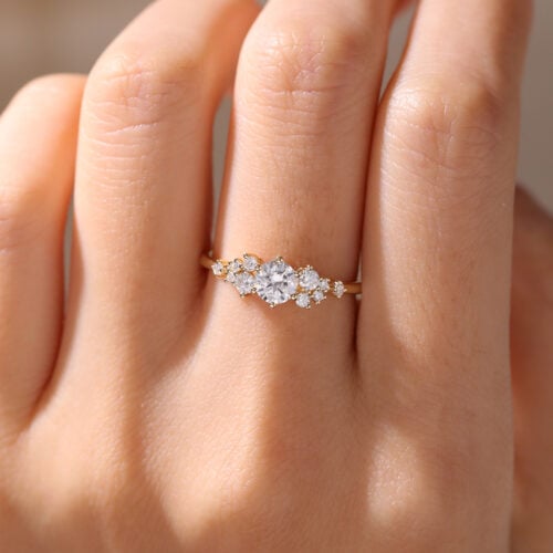 Moissanite Cluster Ring Yellow Gold Engagement Ring for Women