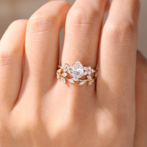 Pear Shaped Wedding Ring Set Nature Inspired Yellow Gold 1.2 Ct Moissanite Ring