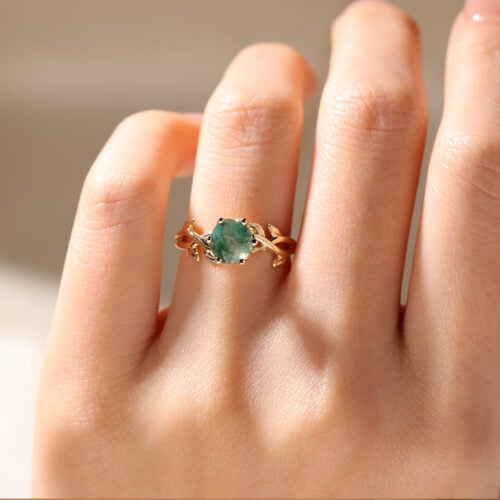 14k yellow gold moss agate ring-solitaire vintage leaf art engagement ring