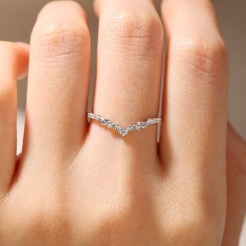 Round Cut Lab Diamond Curved Ring​ V-Shaped Leaf Wedding Band in Yellow Gold