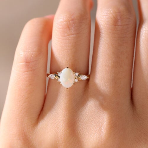 Opal Ring​ Yellow Gold 1ct Vintage Oval Opal Engagement Rings for Women