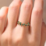 Yellow Gold Stackable Wedding Rings Marquise Emerald Gemstone Ring Bridal Emerald Curved Wedding Rings