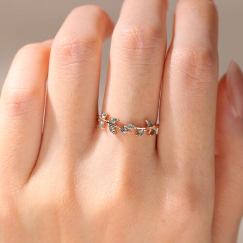 Yellow Gold Marquise Cut Moss Agate Wedding Ring Solid Gold Women’s Curved Wedding Band