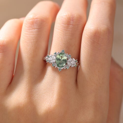 Green Sapphire Vintage Oval Engagement Rings White Gold Rings