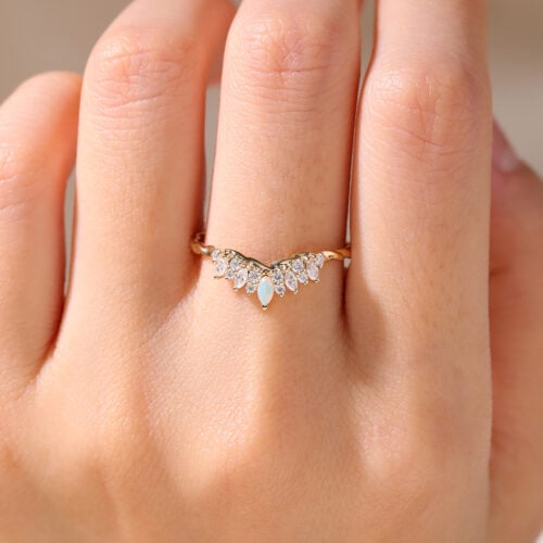 Curved Opal Ring Marquise Cut Opal Twisted Moissanite Wedding Band in Rose Gold