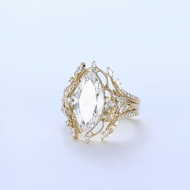4ct Lab Diamond Ring Set Marquise Vintage Vine 8-Prong Bridal Ring Set in Yellow Gold