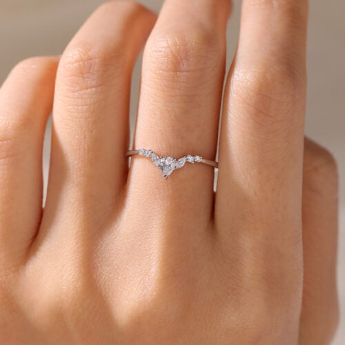 14k Gold Moissanite Ring White Gold Curved Wedding Band Women