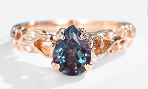 14K Rose Gold Pear Shaped Alexandrite Rings Engraved Artistic Engagement Ring (1)