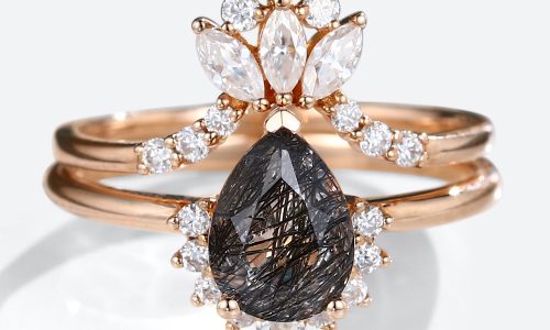 14K Rose Gold Pear Shaped Black Rutilated Quartz Engagement Ring with Marquise Diamond Curved Wedding Ring Set (1)