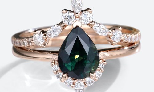 14K Rose Gold Pear Shaped Green Blue Sapphire Engagement Ring with Diamond Curved Wedding Band Set (1)