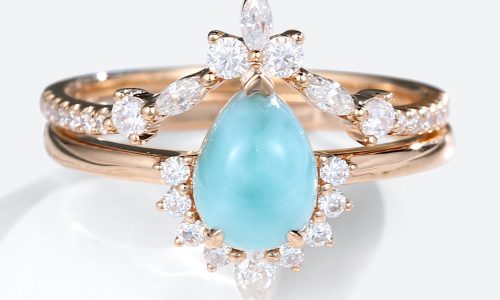 14K Rose Gold Pear Shaped Larimar Engagement Ring with Diamond Curved Wedding Ring Set (1)
