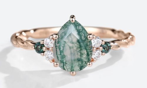 14K Rose Gold Pear Shaped Vintage Moss Agate Twisted Engagement Ring (1)