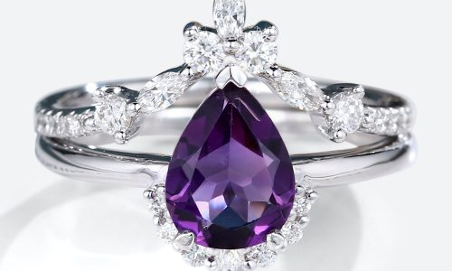 14K White Gold Pear Shaped Amethyst Engagement Ring with Moissanite Curved Wedding Ring Set (1)