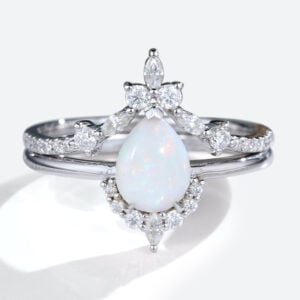 Pear Cut Opal Ring​ Set Opal Ring with Half Eternity Diamond Curved Wedding Bands in White Gold