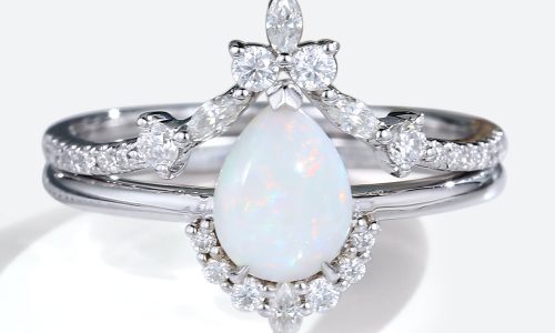 14K White Gold Pear Shaped Opal Ring with Half Eternity Diamond Curved Wedding Band (1)
