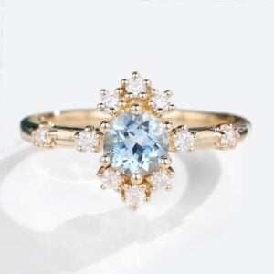 14k Yellow Gold Round Cut Aquamarine Engagement Ring Unique Engagement Rings For Women
