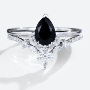 2PCS 14k White Gold Black Onyx Engagement Ring Curved Wedding Ring Set