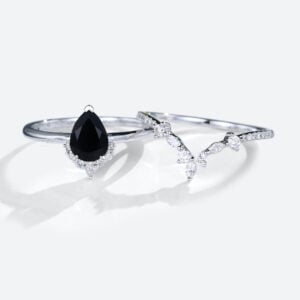 2PCS 14k White Gold Black Onyx Engagement Ring Curved Wedding Ring Set