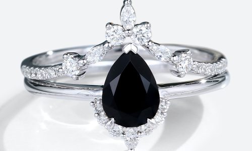 2PCS 14k White Gold Black Onyx Engagement Ring Curved Wedding Ring Set (5)