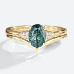 Oval Cut Moss Agate Yellow Gold Engagement Ring Set