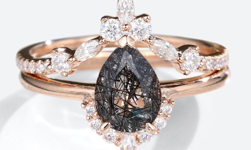 2PCS Rose Gold Pear Shaped Black Rutilated Quartz Engagement Ring Set (6)