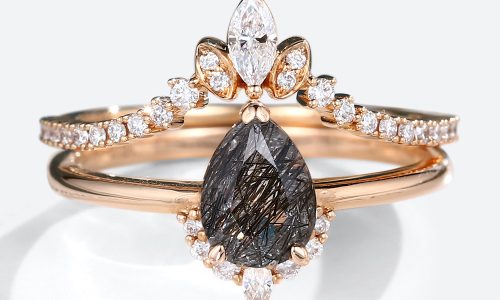2PCS Rose Gold Pear Shaped Black Rutilated Quartz Ring with Round Pave Moissanite Curved Wedding Ring (1)
