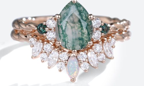 2PCS Rose Gold Pear Shaped Moss Agate Engagement Ring Twisted Opal Curved Wedding Ring Set (1)