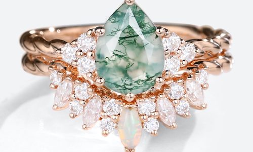 2PCS Rose Gold Pear Shaped Moss Agate Ring Twisted Opal Curved Wedding Band Set (1)