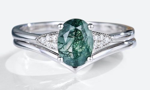 2PCS White Gold Oval Cut Moss Agate Engagement Ring with Minimalist Curved Wedding Band Set (1)