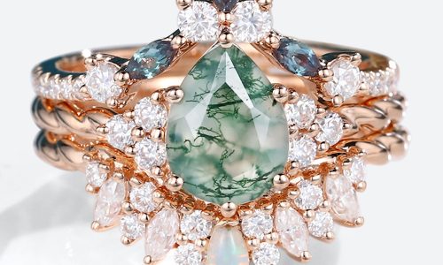 3PCS Rose Gold Moss Agate Engagement Ring Twisted Marquise Alexandrite Curved Wedding Band Set (1)