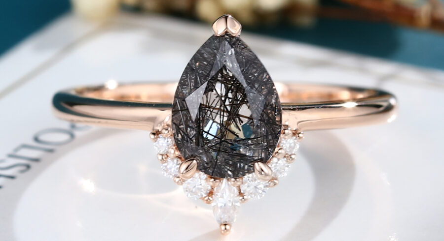 LisaJewelryUS Pear Shaped Black Rutilated Quartz Rose Gold Twisted Engagement Ring