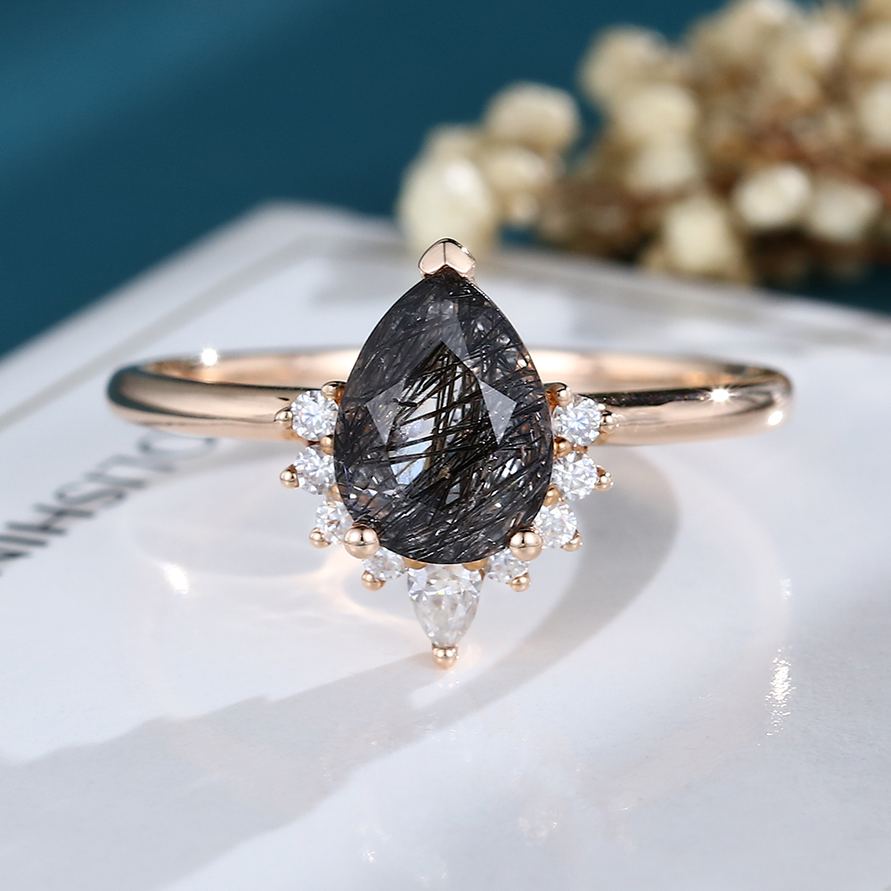 LisaJewelryUS Pear Shaped Black Rutilated Quartz Rose Gold Twisted Engagement Ring