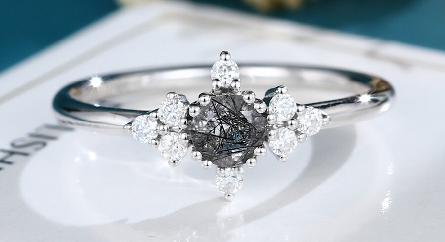 LisaJewelryUS Unique Black Rutilated Quartz White Gold Twisted Engagement Ring