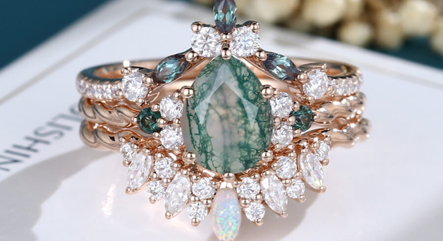 LisaJewelryUS 3PCS Pear Shaped Moss Agate Rose Gold Twisted Engagement Ring Set