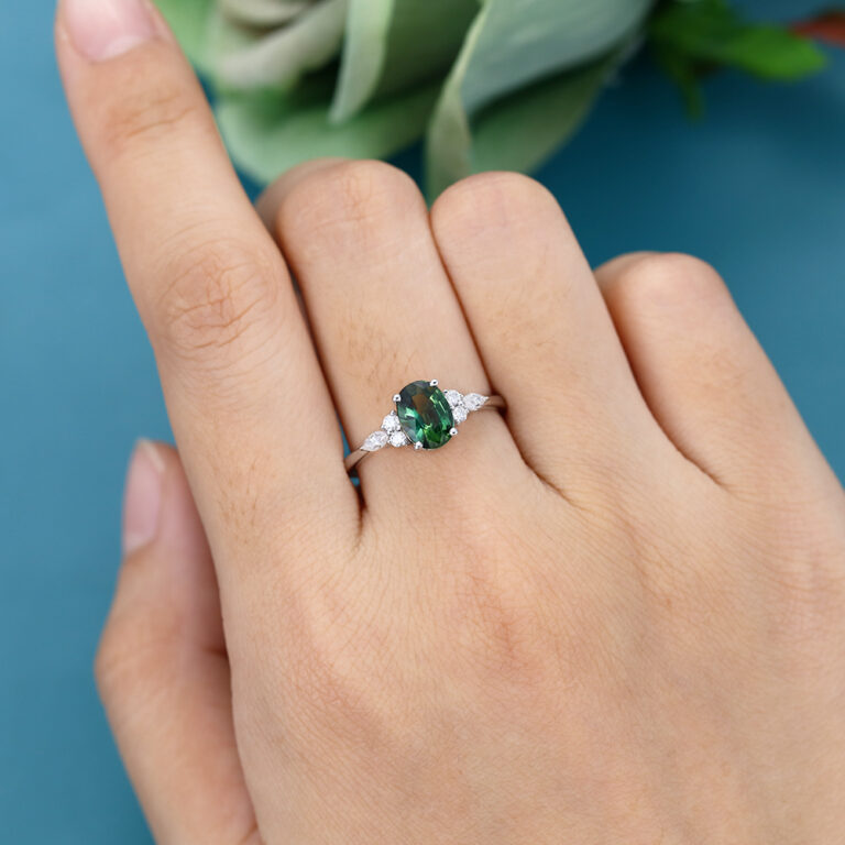 White Gold Bezel Moss Agate Ring Solitaire Simple Engagement Ring