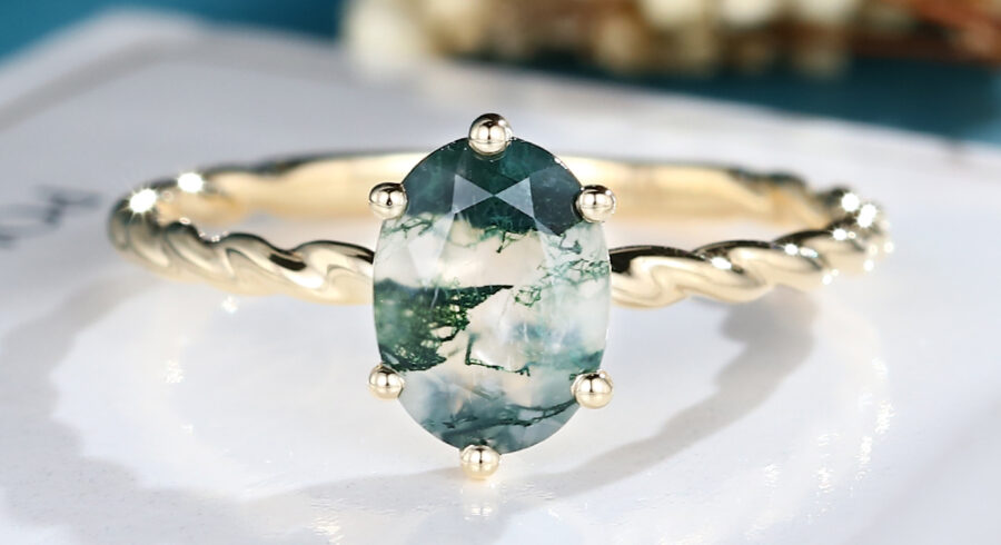 LisaJewelryUS Oval Moss Agate Engagement Ring For Women Yellow Gold