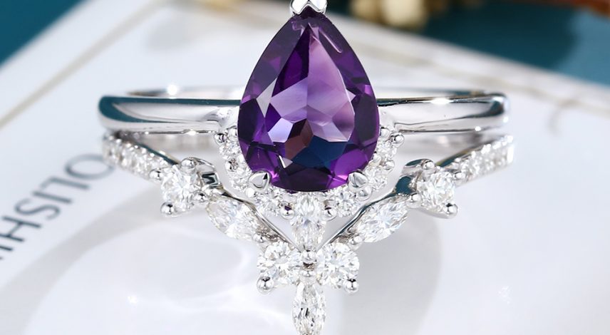 LisaJewelryUS Pear Shaped Amethyst White Gold Engagement Ring Set-2