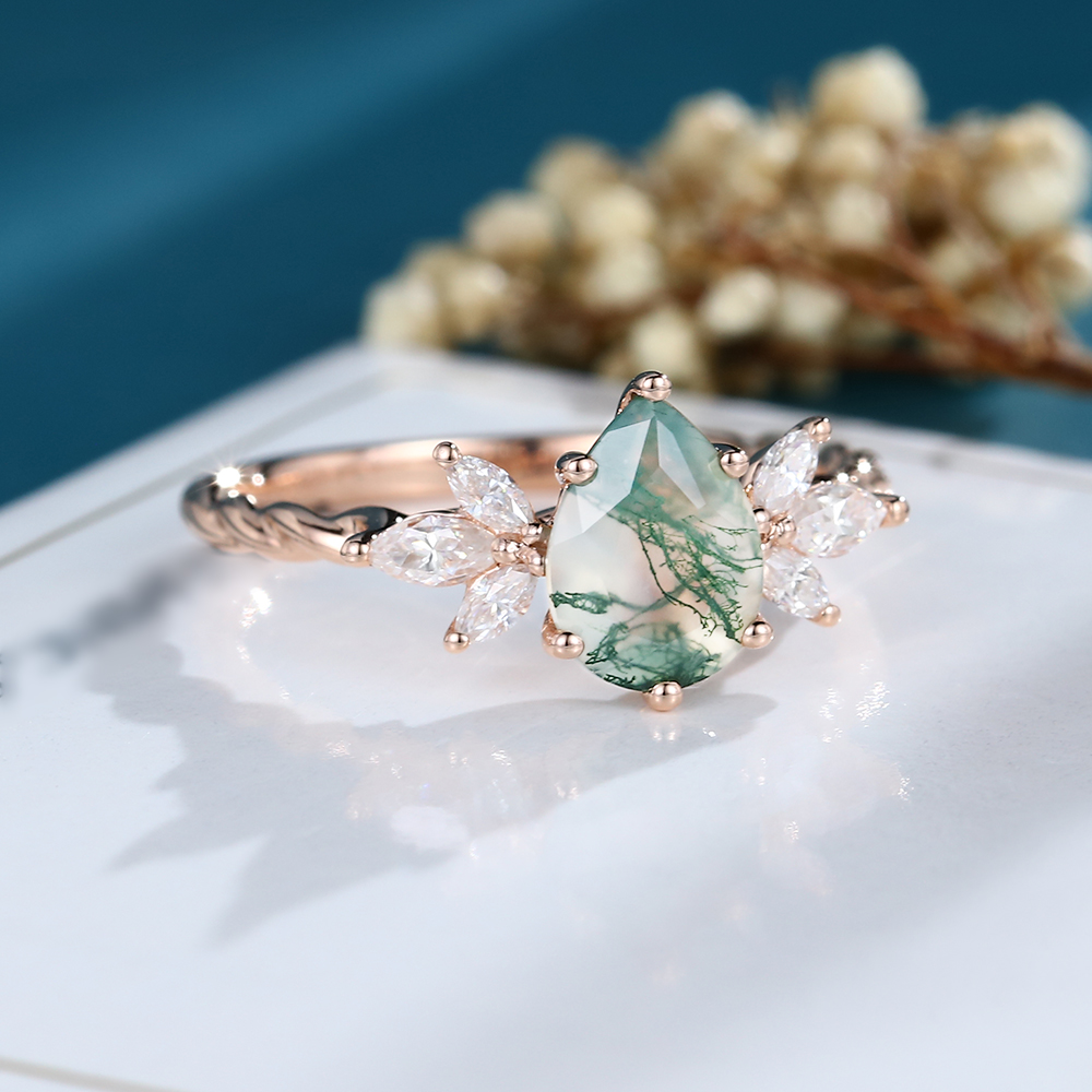 LisaJewelryUS Pear Shaped Moss Agate Rose Gold Engagement Ring (1)