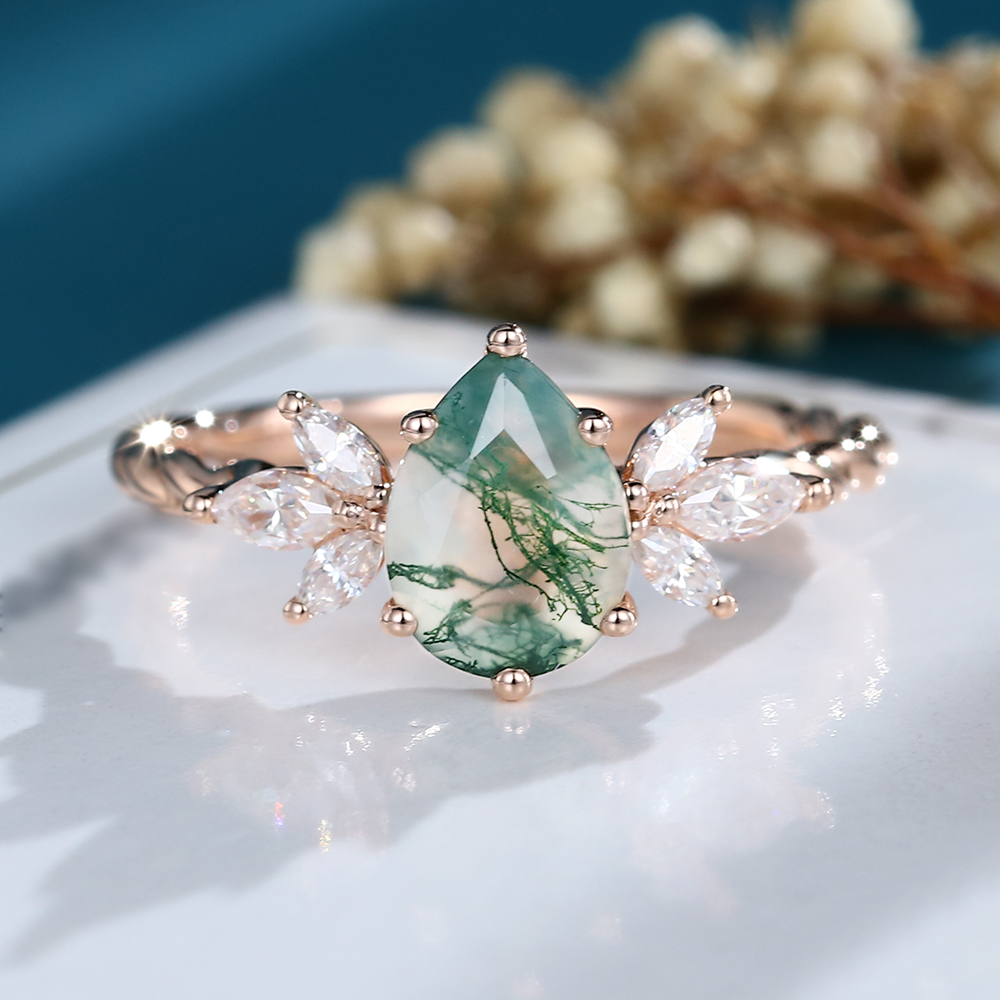 LisaJewelryUS Pear Shaped Moss Agate Rose Gold Engagement Ring