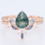 0.9ct Pear Shaped Moss Agate Engagement Ring with Marquise Alexandrite Wedding Band Multi Stone Ring Set