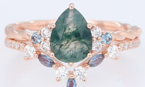 0.9ct Pear Shaped Moss Agate Engagement Ring with Marquise Alexandrite Wedding Band Multi Stone Ring Set