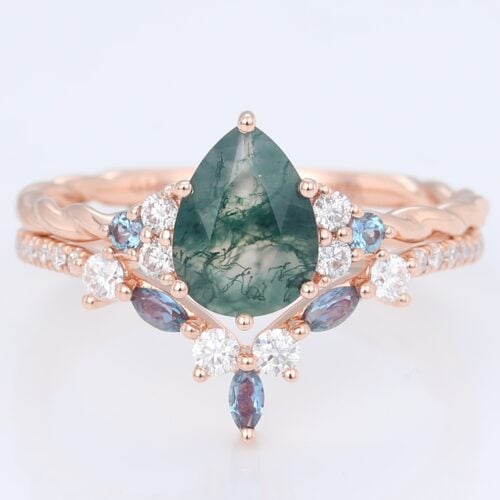 0.9ct Pear Shaped Moss Agate Engagement Ring with Marquise Alexandrite Wedding Band Multi Stone Ring Set