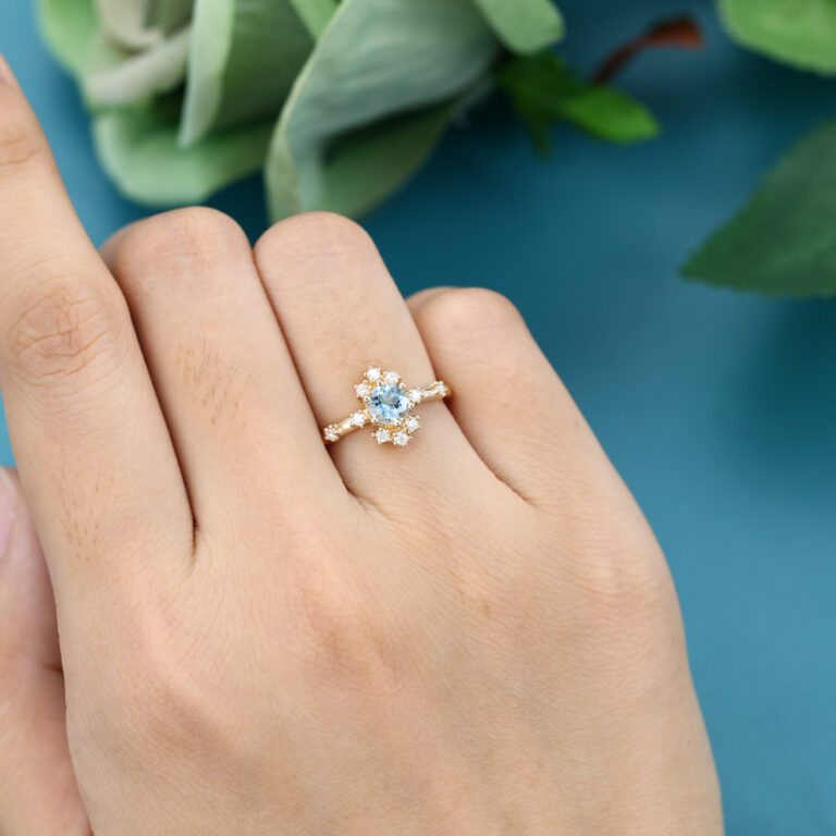 White Gold Bezel Moss Agate Ring Solitaire Simple Engagement Ring