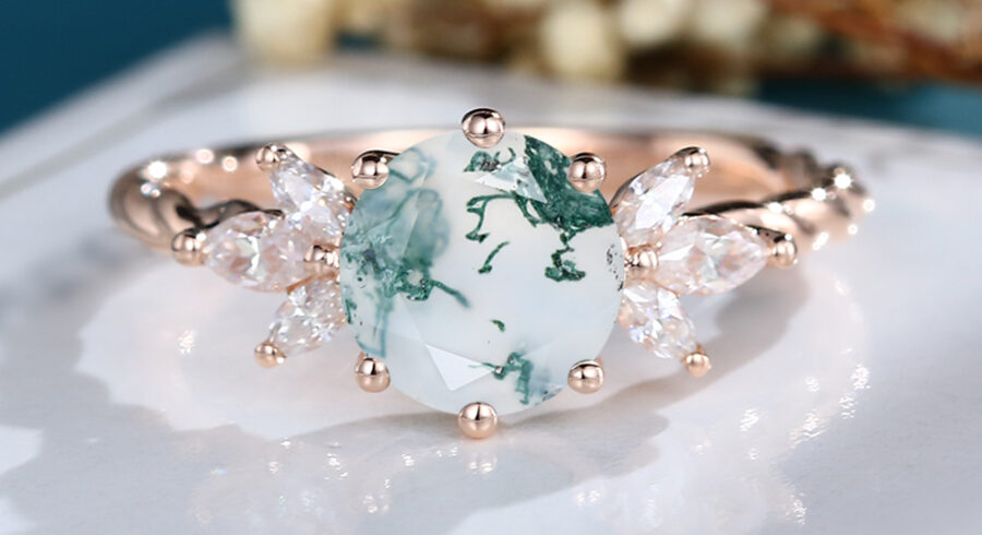 LisaJewelryUS Unique Moss Agate Rose Gold Engagement Ring