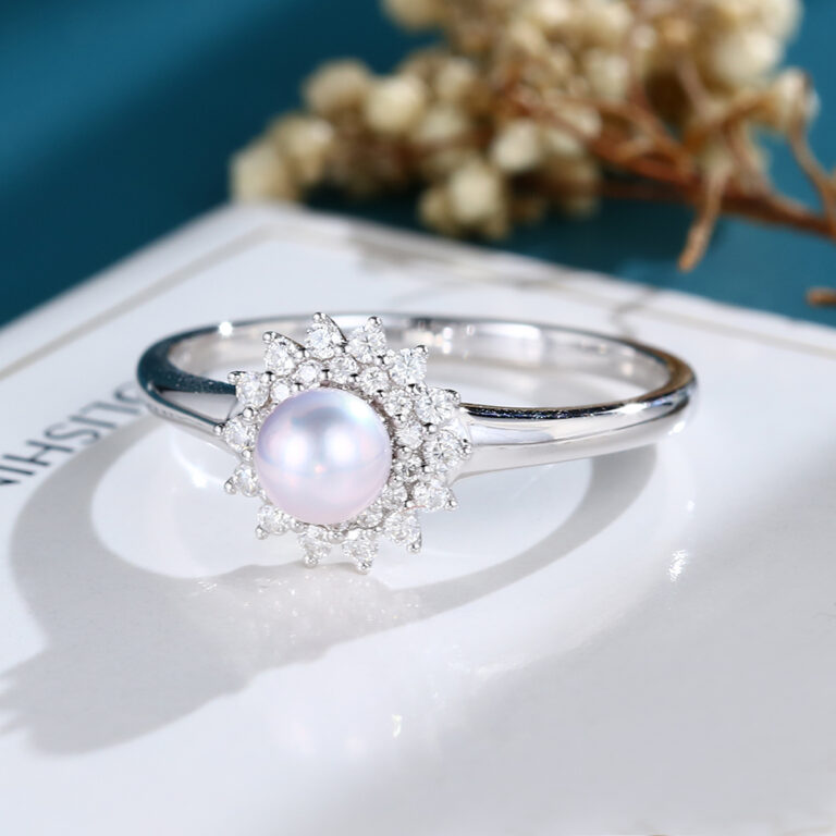 White Gold Unique Akoya Pearl Engagement Ring LisaJewelryUS