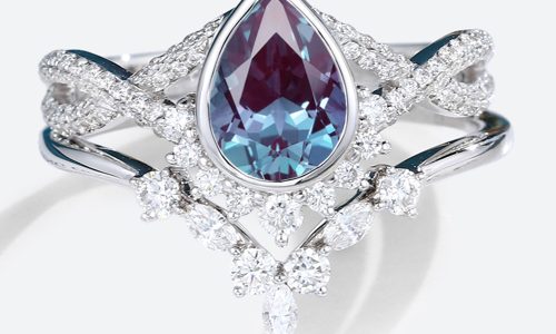 Pear Shaped Alexandrite Bezel Engagement Ring with White Gold Curved Wedding Band Set (1)