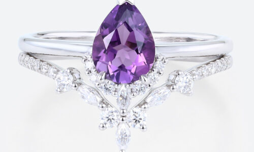 Amethyst and Diamond Ring Set White Gold Pear Shaped Engagement Ring