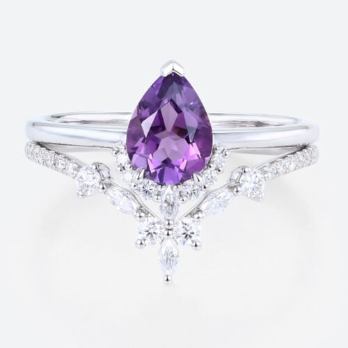 Amethyst and Diamond Ring Set White Gold Pear Shaped Engagement Ring