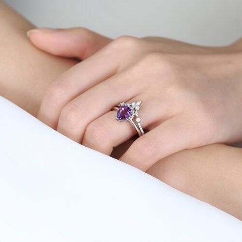 Amethyst and Diamond Ring Set White Gold Pear Shaped Engagement Ring